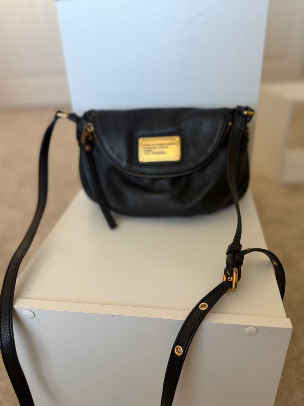 Marc by Marc Jacobs Black Leather Crossbody with Gold Plaque